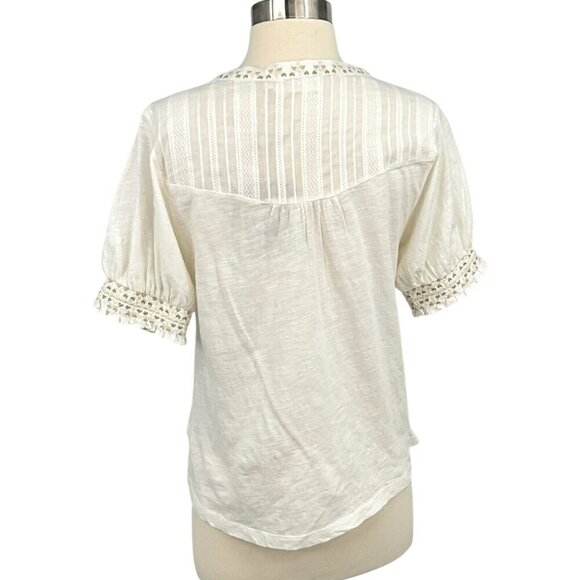 NWT Cold & Indi Camiseta White Top V Neck Size S Embroided Peasant - Picture 4 of 10
